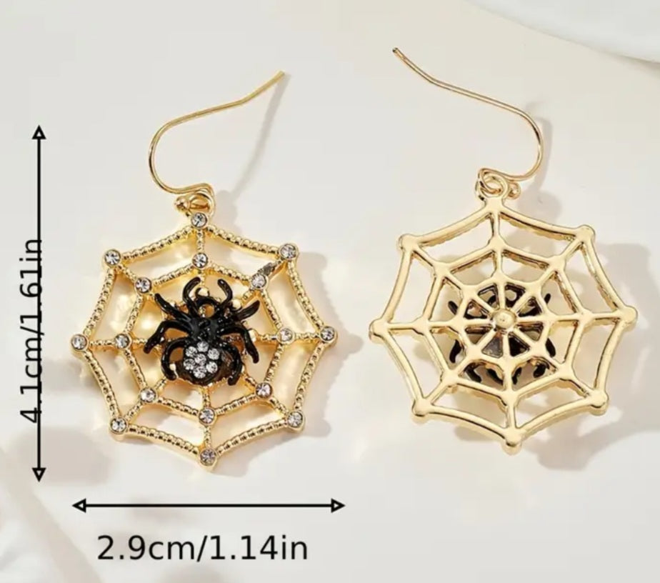 Gold Plated Rhinestone Inlay Spider On Web Gothic Punk Halloween Design Drop Dangle Earrings
