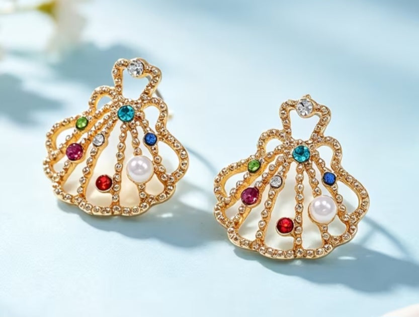 Beach Colourful Rainbow Rhinestone Faux Pearl Inlay Shell Design Scallop Gold Plated Large Stud Earrings