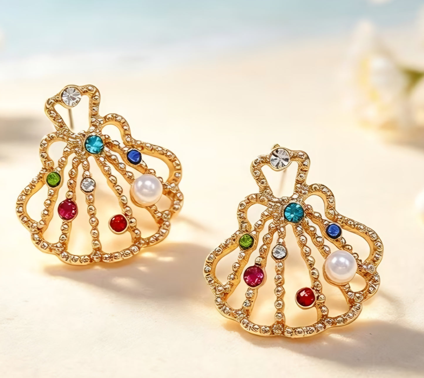Beach Colourful Rainbow Rhinestone Faux Pearl Inlay Shell Design Scallop Gold Plated Large Stud Earrings