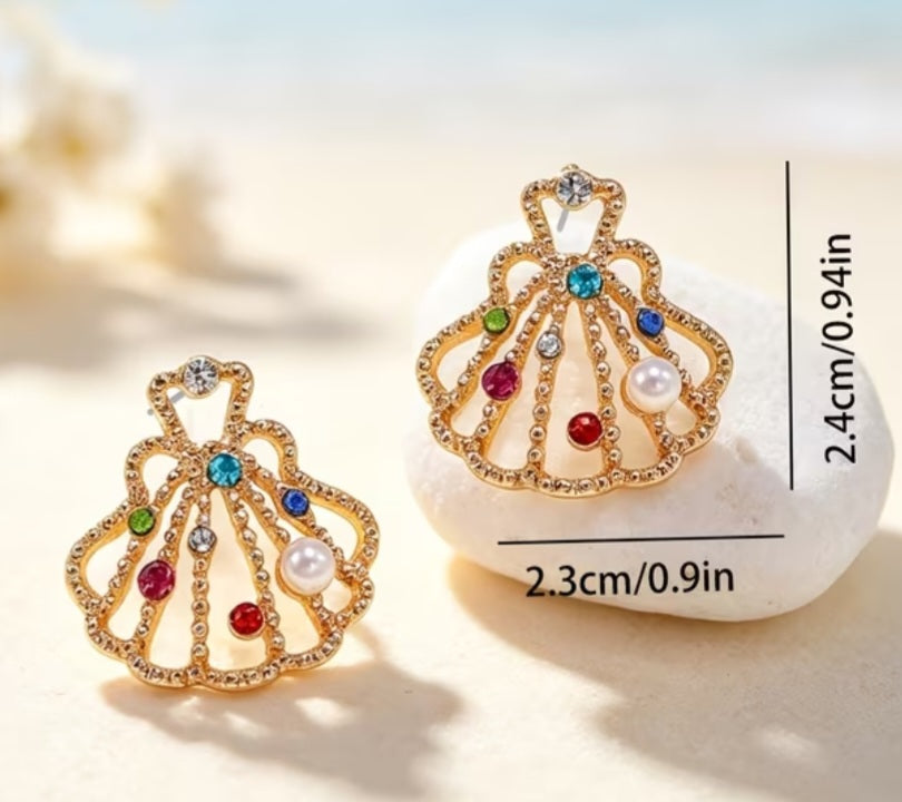 Beach Colourful Rainbow Rhinestone Faux Pearl Inlay Shell Design Scallop Gold Plated Large Stud Earrings