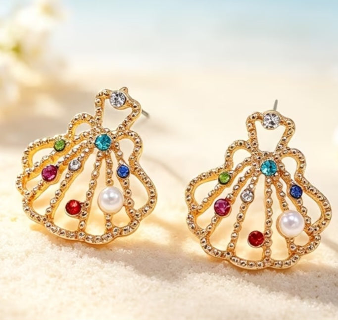 Beach Colourful Rainbow Rhinestone Faux Pearl Inlay Shell Design Scallop Gold Plated Large Stud Earrings