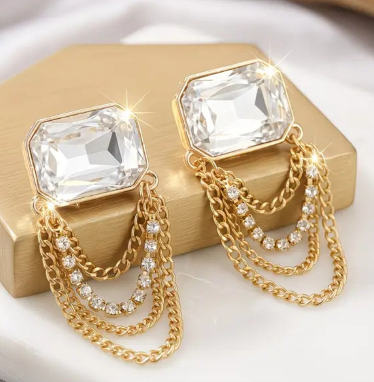 Classy Chain Design Square Glass Rhinestone Accent Gold Plated Large Drop Stud Earrings