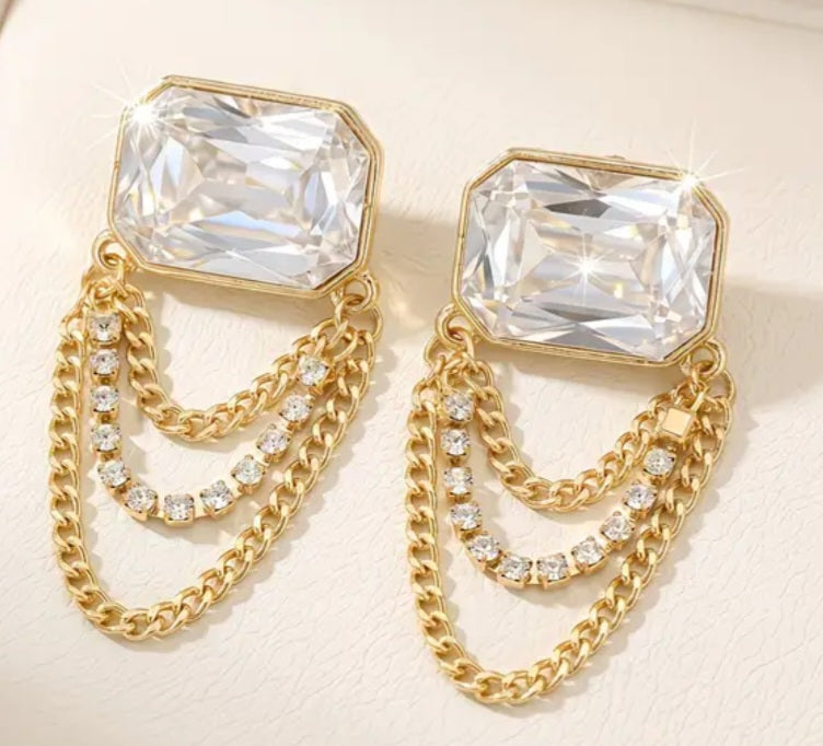 Classy Chain Design Square Glass Rhinestone Accent Gold Plated Large Drop Stud Earrings