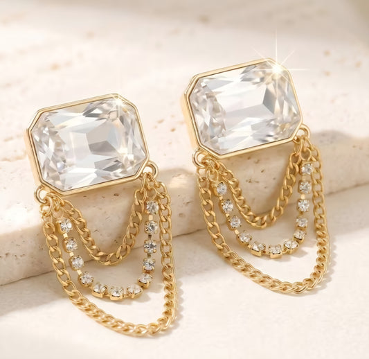 Classy Chain Design Square Glass Rhinestone Accent Gold Plated Large Drop Stud Earrings