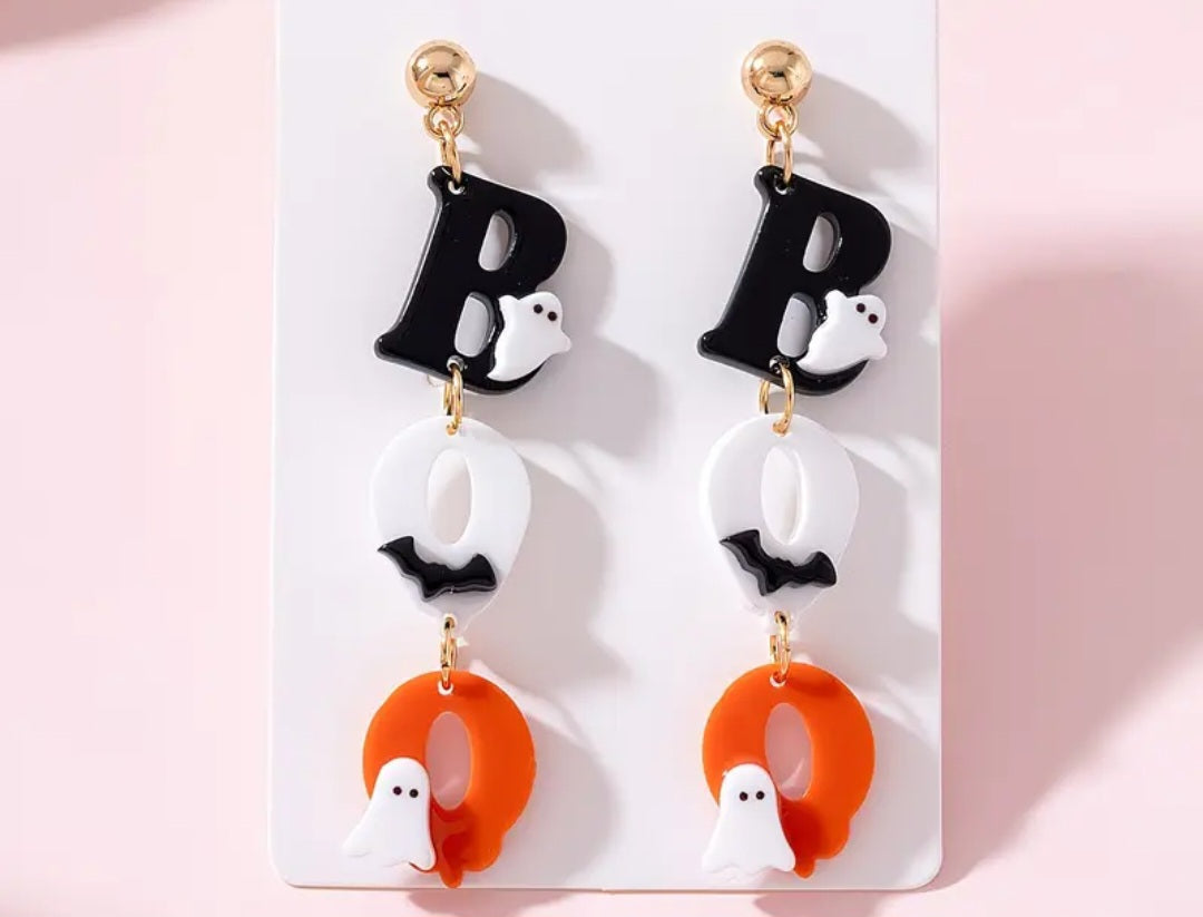 Acrylic Boo Bat Ghost Halloween Letter Charm Drop Dangle Earrings