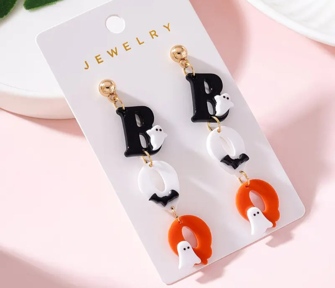 Acrylic Boo Bat Ghost Halloween Letter Charm Drop Dangle Earrings