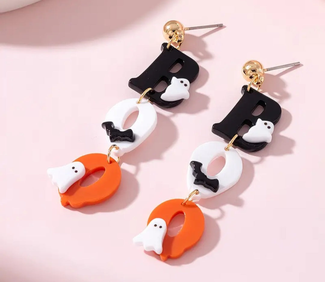 Acrylic Boo Bat Ghost Halloween Letter Charm Drop Dangle Earrings