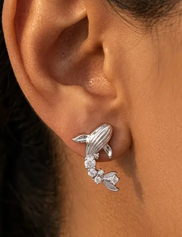 Cubic Zircon Inlay Silver Plated Whale Marine Theme Stud Earrings