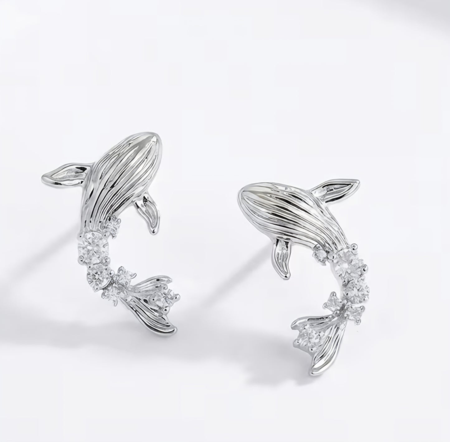 Cubic Zircon Inlay Silver Plated Whale Marine Theme Stud Earrings