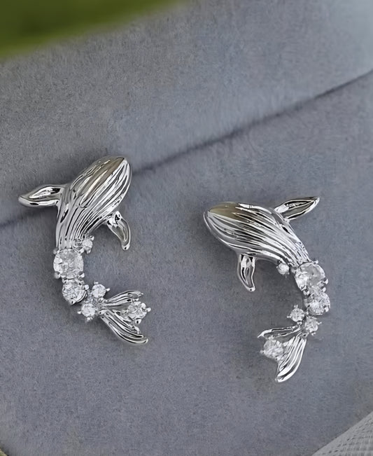 Cubic Zircon Inlay Silver Plated Whale Marine Theme Stud Earrings