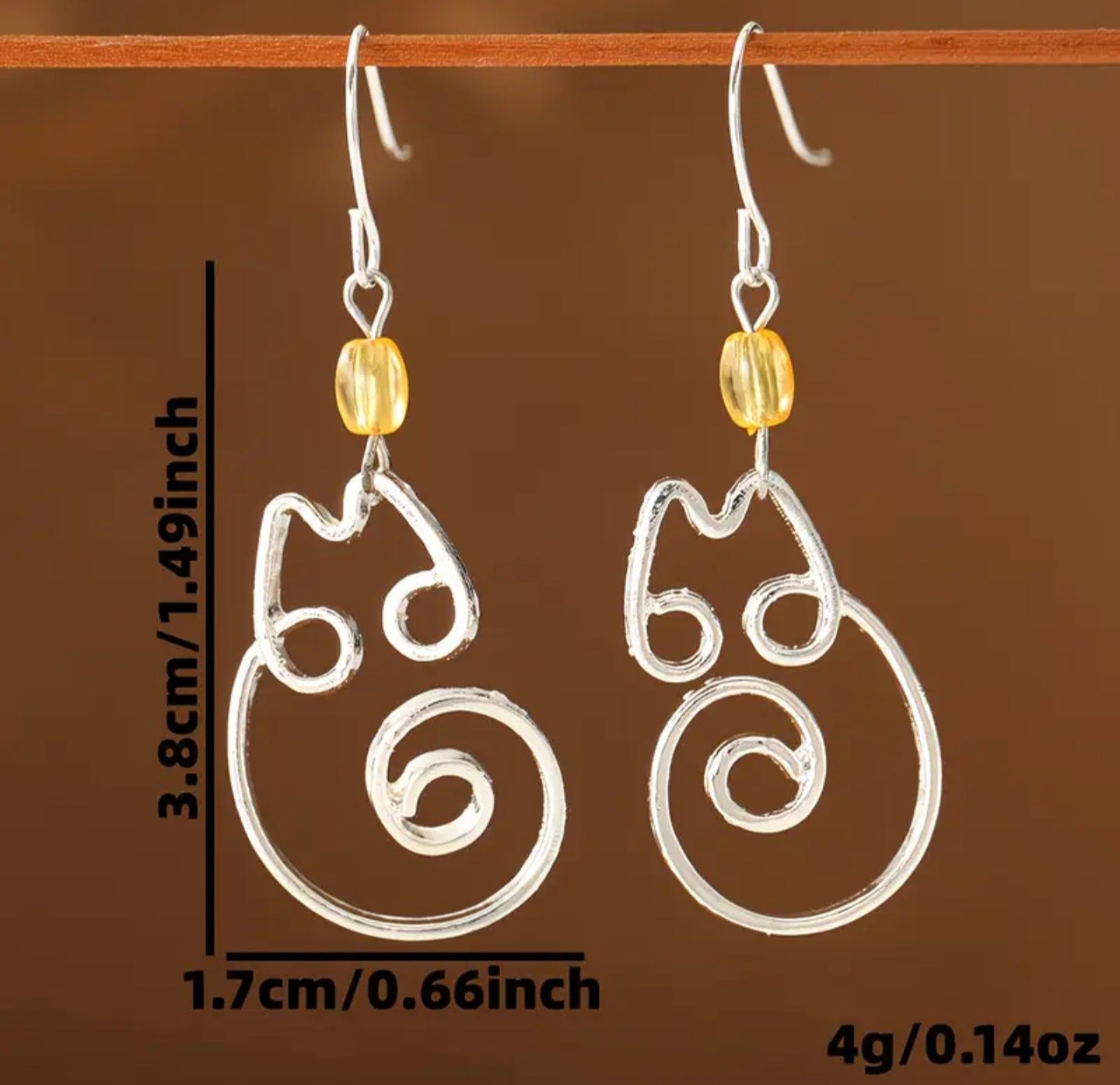 Cat Curled Design Fine Line Silver Plated Bead Drop Dangle Earrings