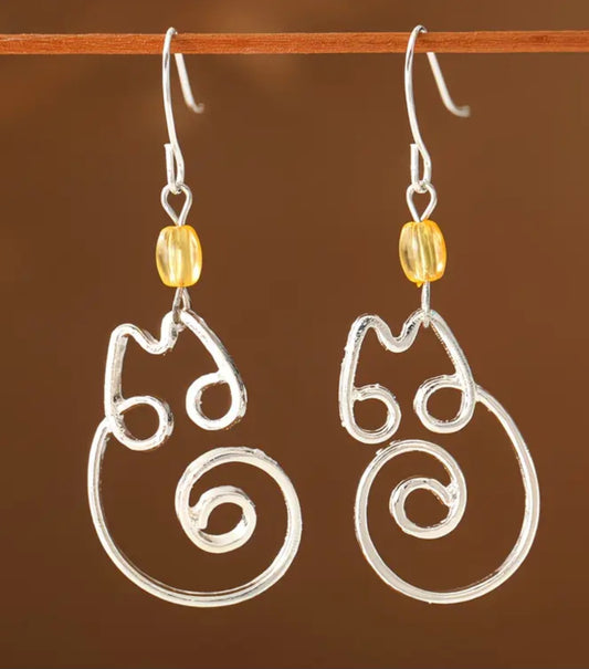 Cat Curled Design Fine Line Silver Plated Bead Drop Dangle Earrings