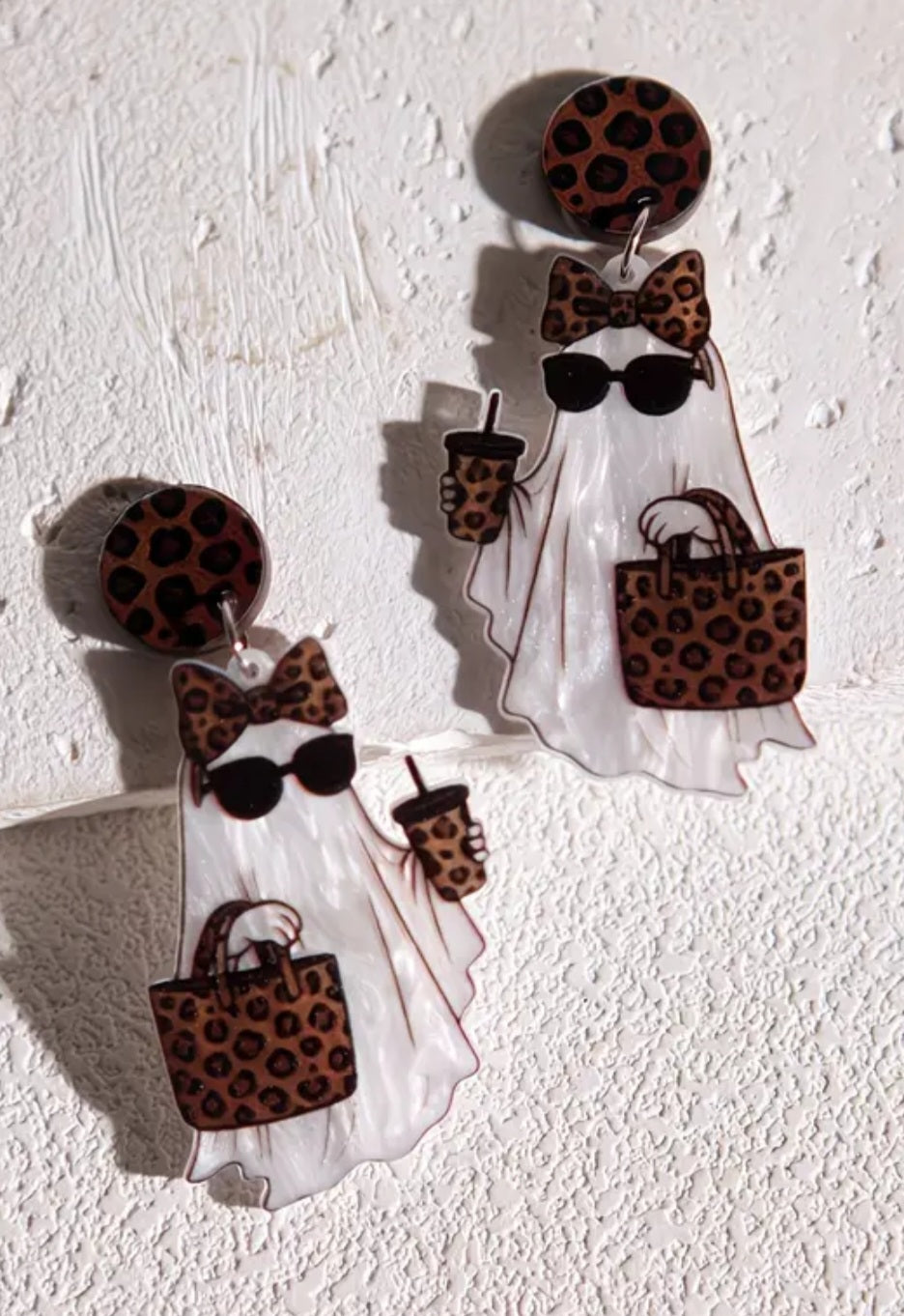Acrylic Brown Cartoon Coffee Ghost Halloween Shopping Bag Leopard Print Design Drop Dangle Earrings