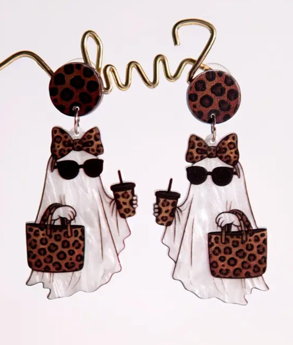Acrylic Brown Cartoon Coffee Ghost Halloween Shopping Bag Leopard Print Design Drop Dangle Earrings