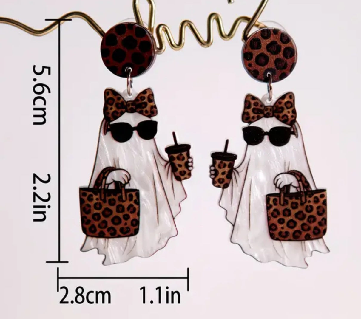 Acrylic Brown Cartoon Coffee Ghost Halloween Shopping Bag Leopard Print Design Drop Dangle Earrings