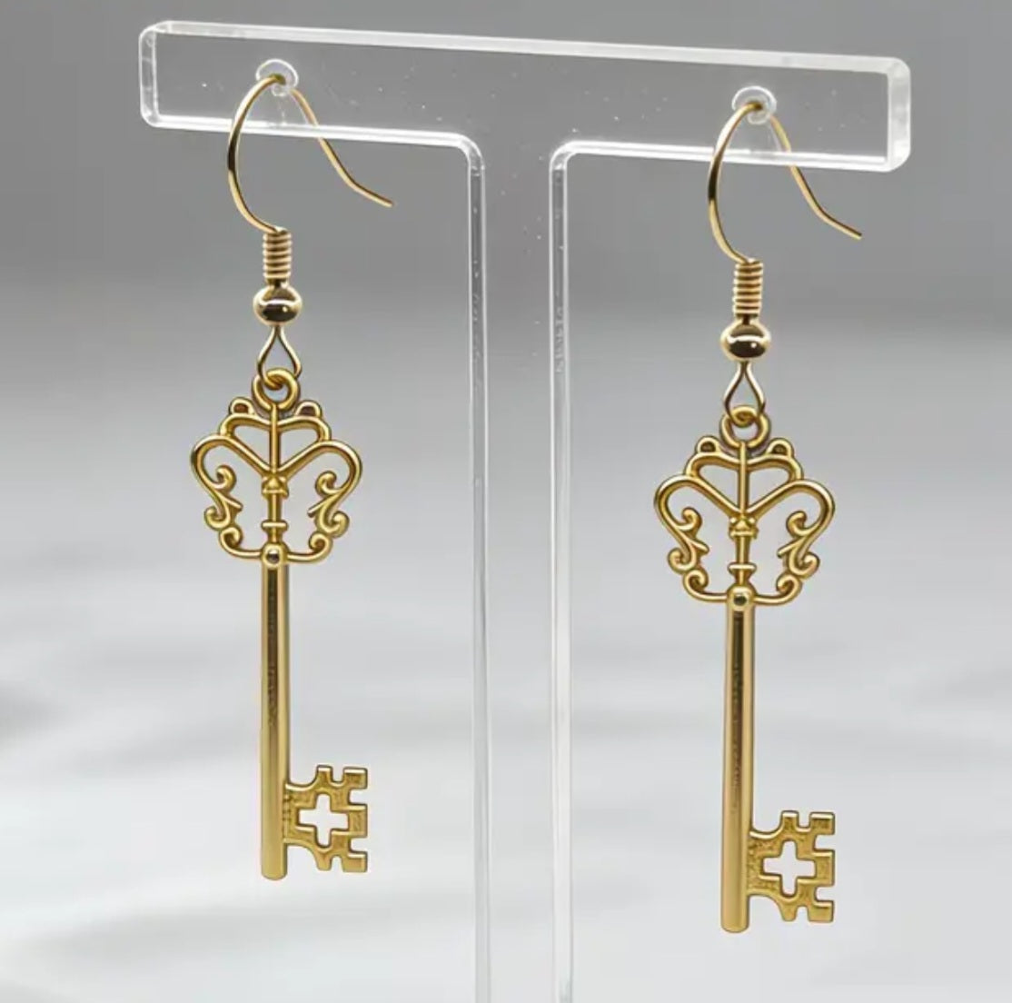 Antique Fancy Key Desgn Gold Plated Large Drop Dangle Earrings