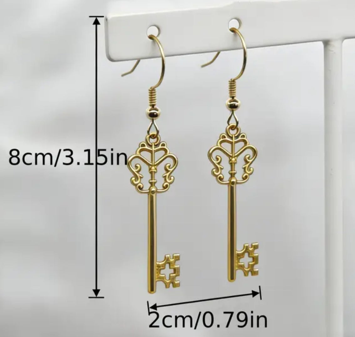 Antique Fancy Key Desgn Gold Plated Large Drop Dangle Earrings