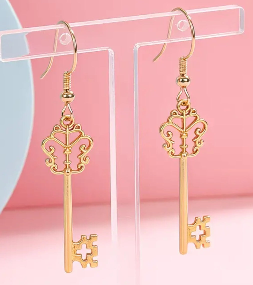 Antique Fancy Key Desgn Gold Plated Large Drop Dangle Earrings