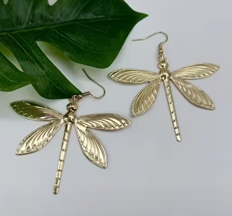 Dragonfly Design Giant Lightweight Gold Plated Drop Dangle Earrings