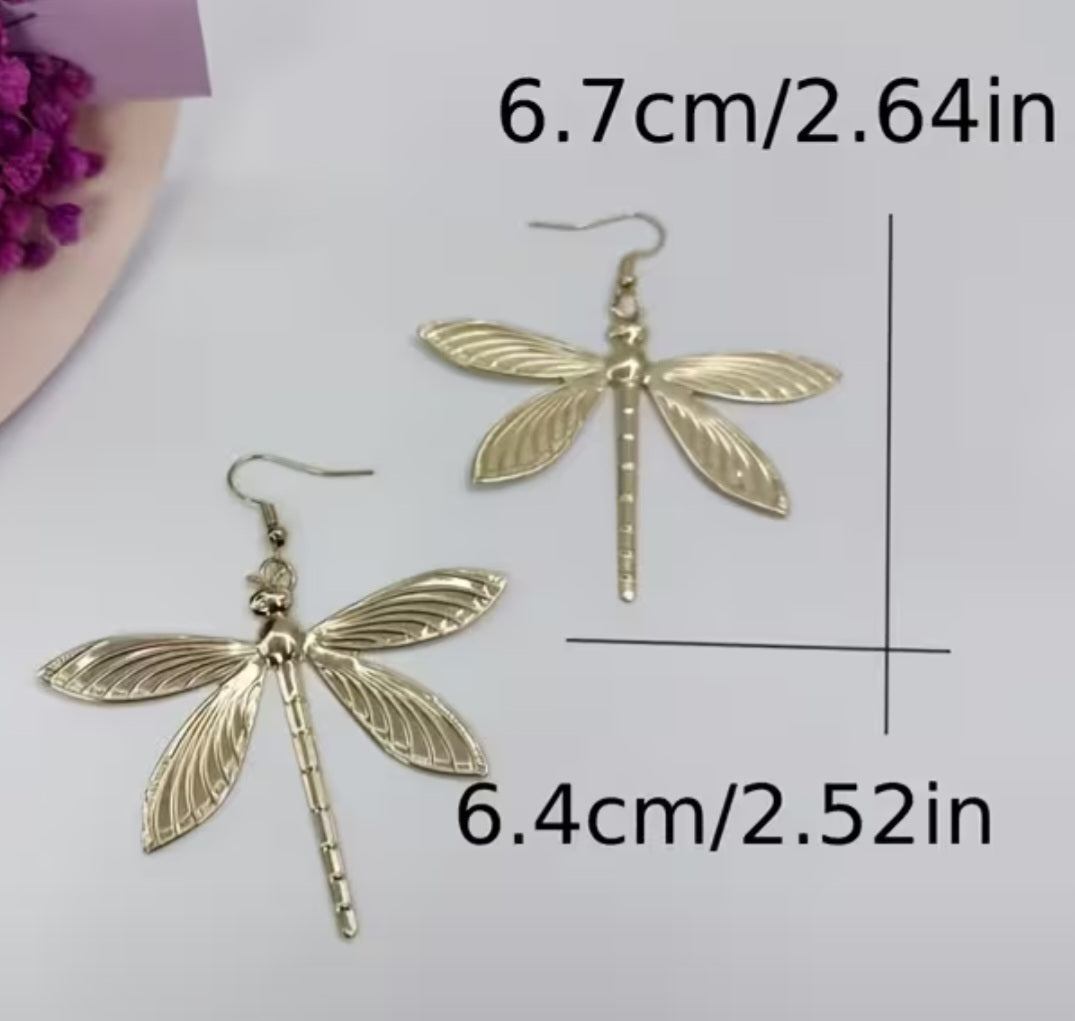 Dragonfly Design Giant Lightweight Gold Plated Drop Dangle Earrings