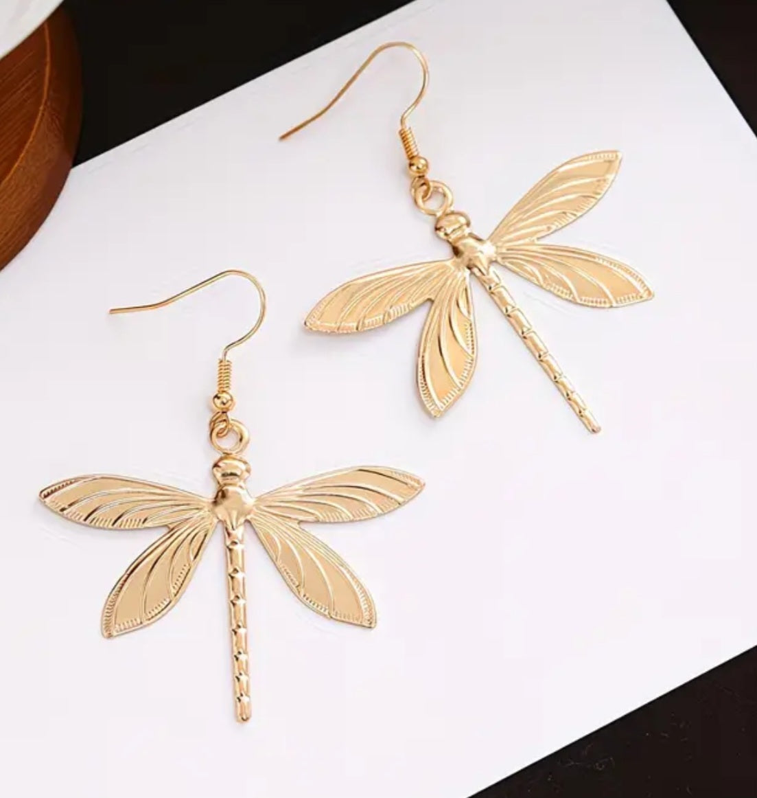 Dragonfly Design Giant Lightweight Gold Plated Drop Dangle Earrings