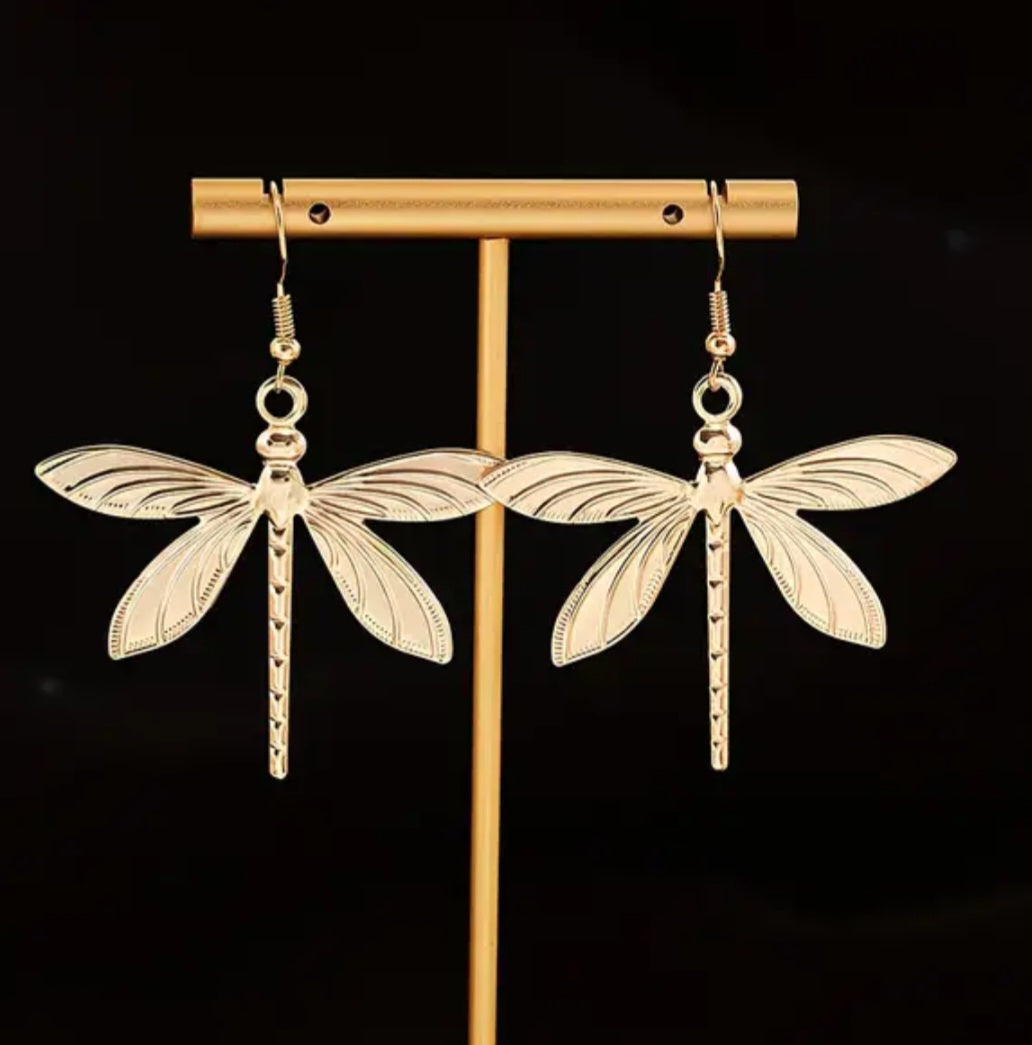 Dragonfly Design Giant Lightweight Gold Plated Drop Dangle Earrings
