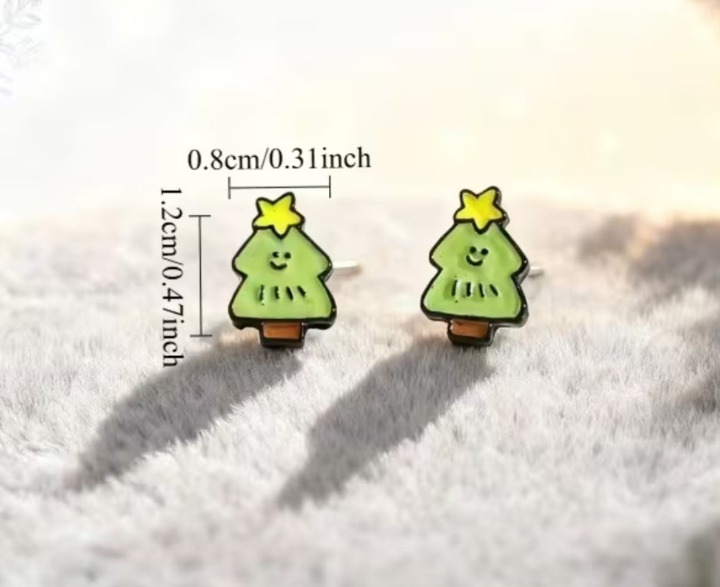 Cartoon Christmas Tree Festive Holiday Enamel Painted Steel Teeny Small Stud Earrings