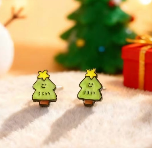 Cartoon Christmas Tree Festive Holiday Enamel Painted Steel Teeny Small Stud Earrings