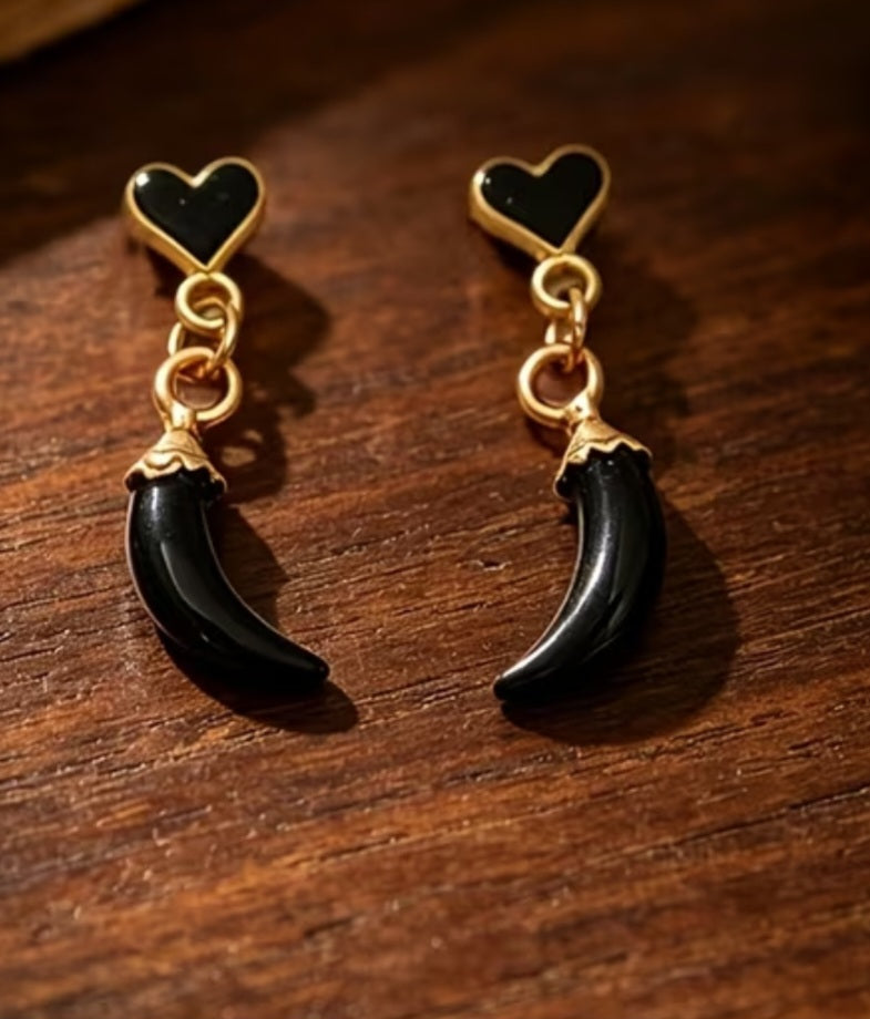 Gold Plated Good Luck Italian Horn Little Chili Cornicello Corn Black Mini Tiny Heart Drop  Dangle Earrings