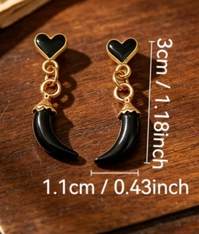 Gold Plated Good Luck Italian Horn Little Chili Cornicello Corn Black Mini Tiny Heart Drop  Dangle Earrings