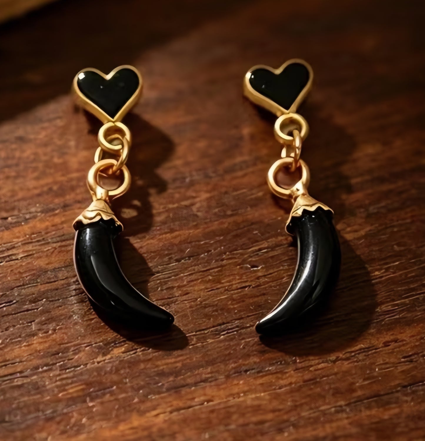 Gold Plated Good Luck Italian Horn Little Chili Cornicello Corn Black Mini Tiny Heart Drop  Dangle Earrings