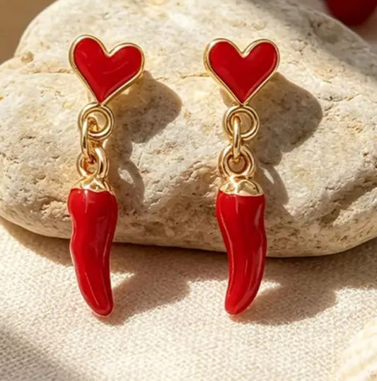 Gold Plated Good Luck Italian Horn Little Chili Cornicello Corn Red Straight Mini Tiny Heart Drop  Dangle Earrings
