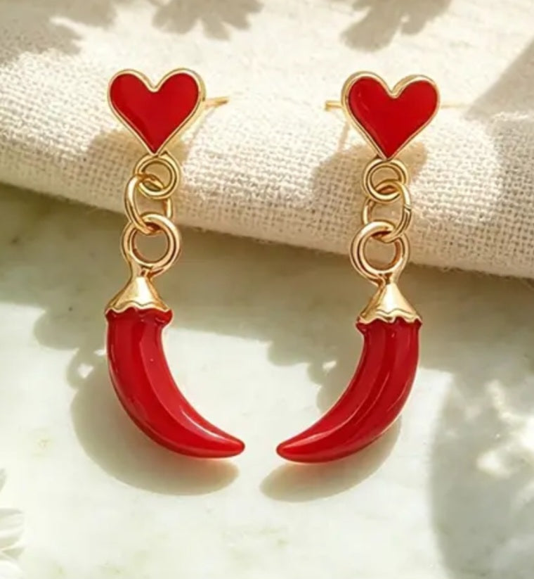 Gold Plated Good Luck Italian Horn Little Chili Cornicello Corn Red Curved Mini Tiny Heart Drop  Dangle Earrings