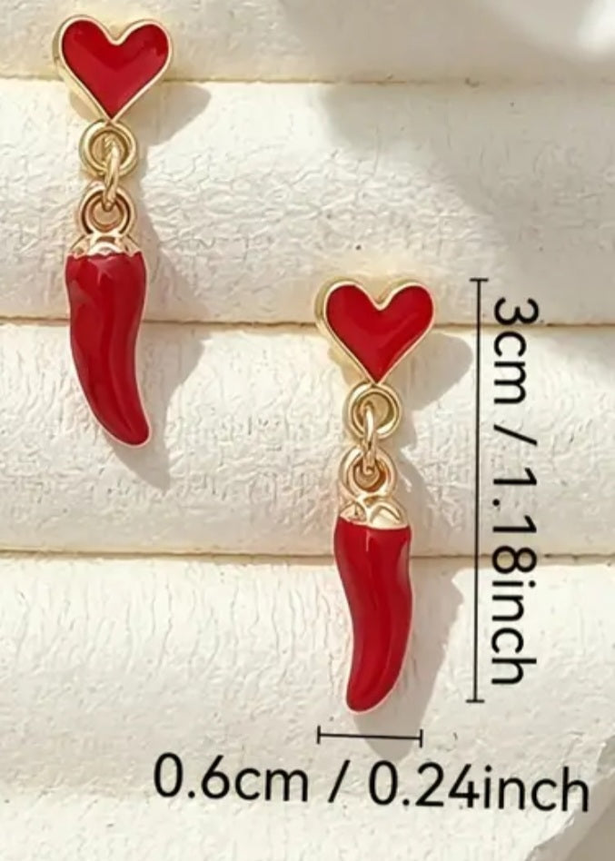 Gold Plated Good Luck Italian Horn Little Chili Cornicello Corn Red Straight Mini Tiny Heart Drop  Dangle Earrings