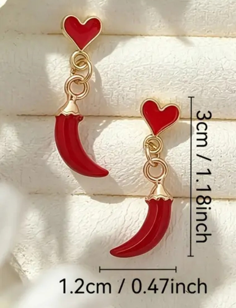 Gold Plated Good Luck Italian Horn Little Chili Cornicello Corn Red Curved Mini Tiny Heart Drop  Dangle Earrings