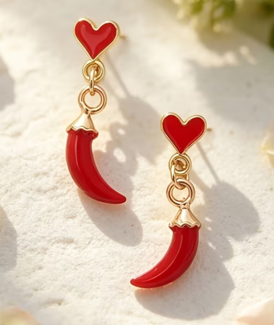 Gold Plated Good Luck Italian Horn Little Chili Cornicello Corn Red Curved Mini Tiny Heart Drop  Dangle Earrings