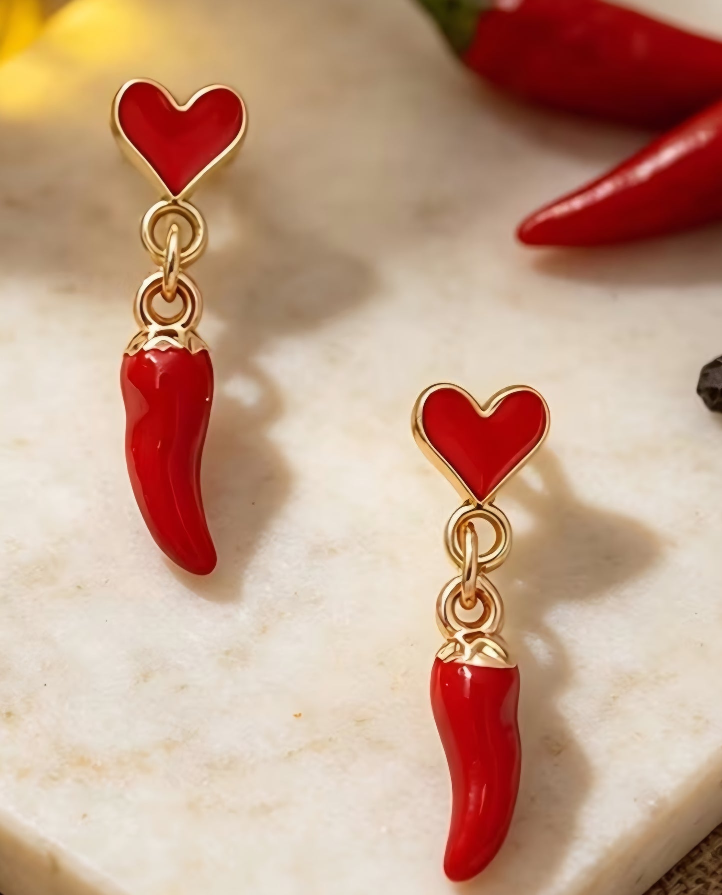 Gold Plated Good Luck Italian Horn Little Chili Cornicello Corn Red Straight Mini Tiny Heart Drop  Dangle Earrings