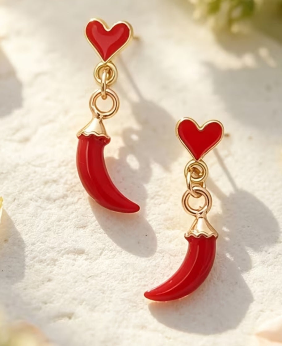 Gold Plated Good Luck Italian Horn Little Chili Cornicello Corn Red Curved Mini Tiny Heart Drop  Dangle Earrings