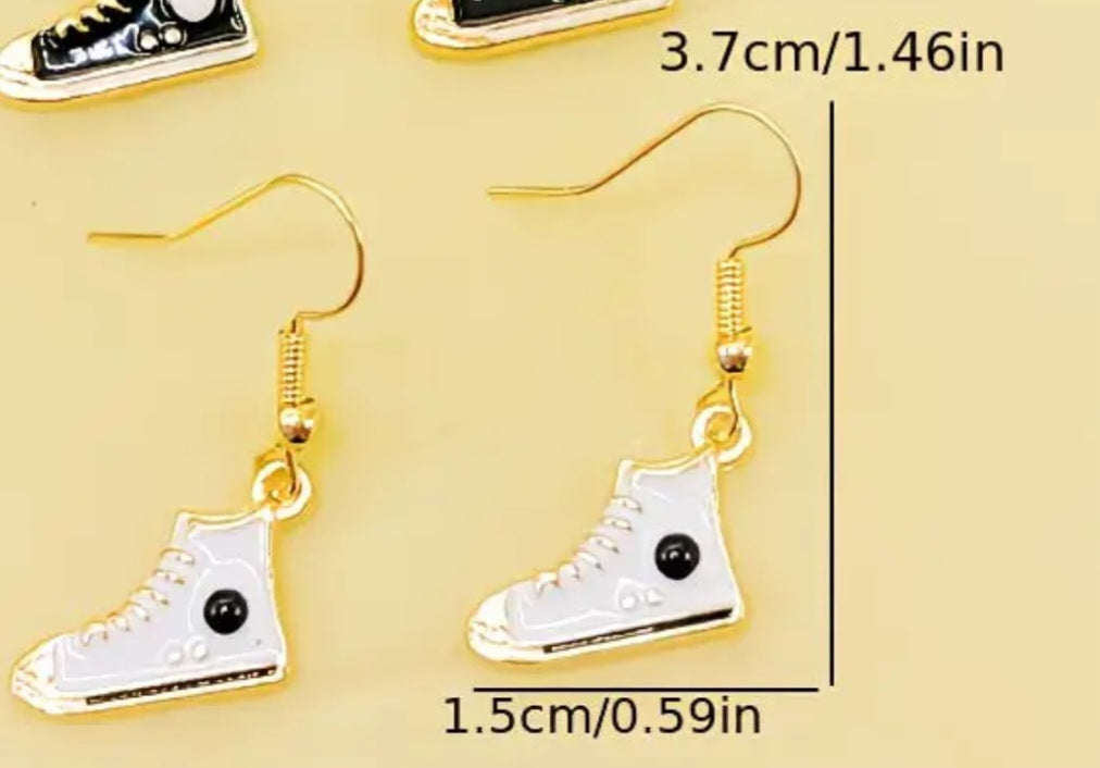 Athletic Converse High Top Sneaker Shoe Inspired Cartoon Jogger Shoe Small White Enamel Painted Metal Drop Dangle Earrings