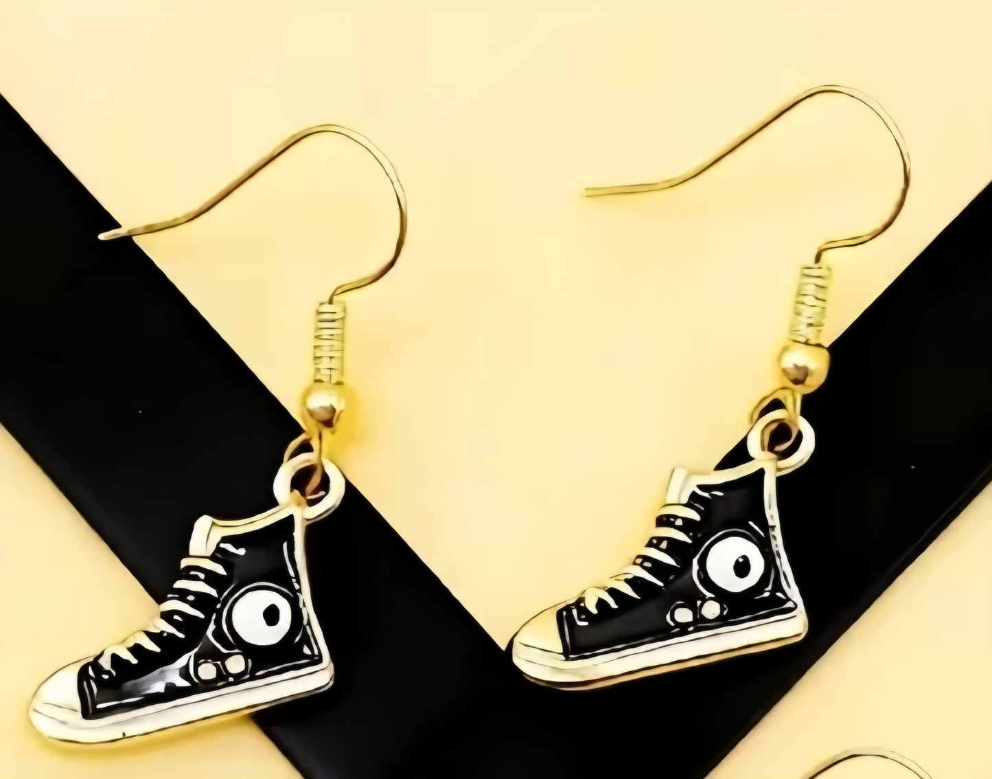 Athletic Converse High Top Sneaker Shoe Inspired Cartoon Jogger Shoe Small Black Enamel Painted Metal Drop Dangle Earrings
