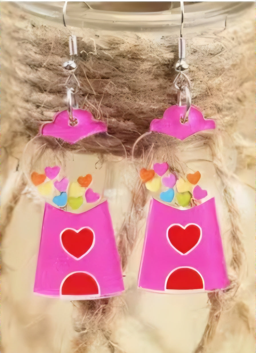 Acrylic Cartoon Gumball Machine Heart Design Pink Drop Dangle Earrings