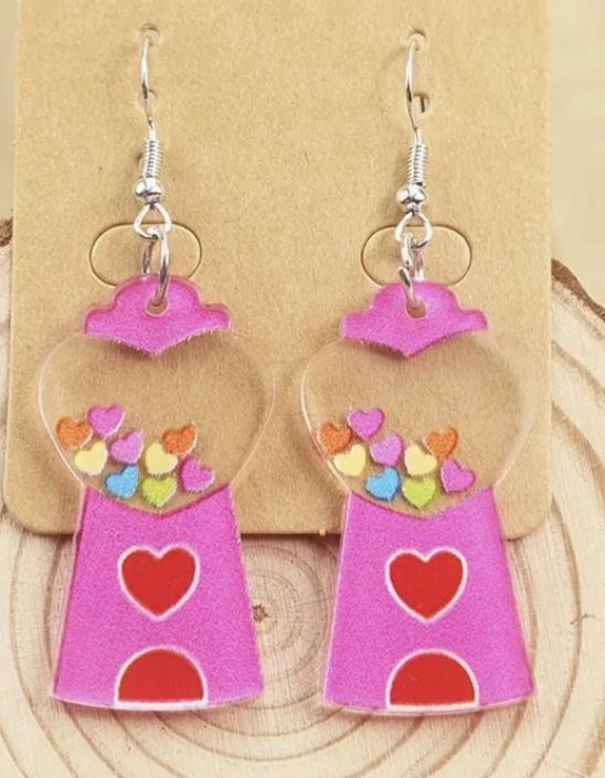Acrylic Cartoon Gumball Machine Heart Design Pink Drop Dangle Earrings