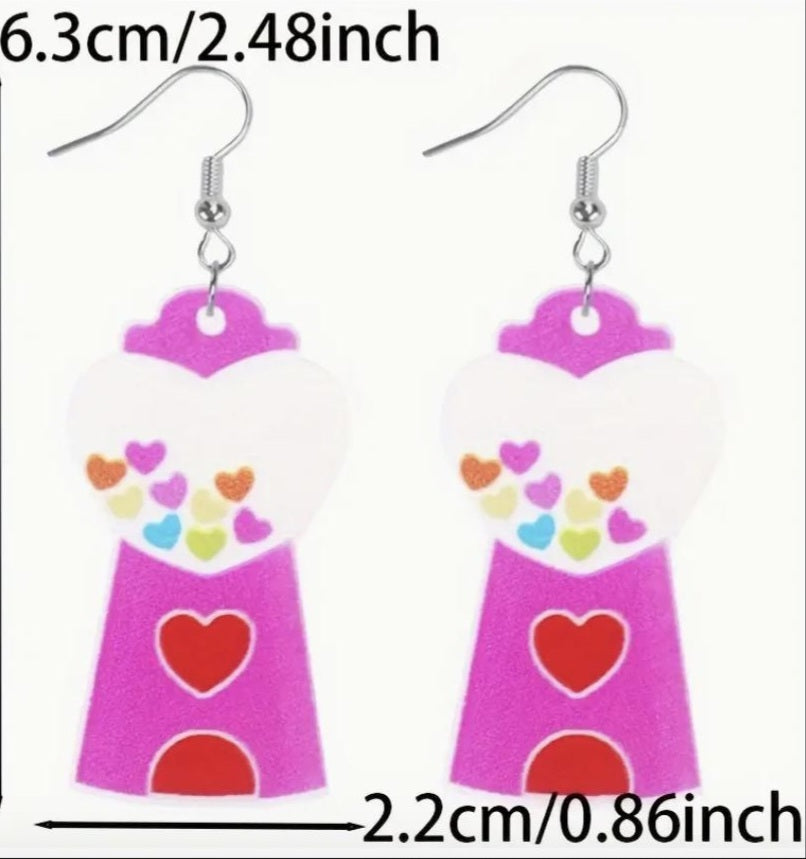 Acrylic Cartoon Gumball Machine Heart Design Pink Drop Dangle Earrings