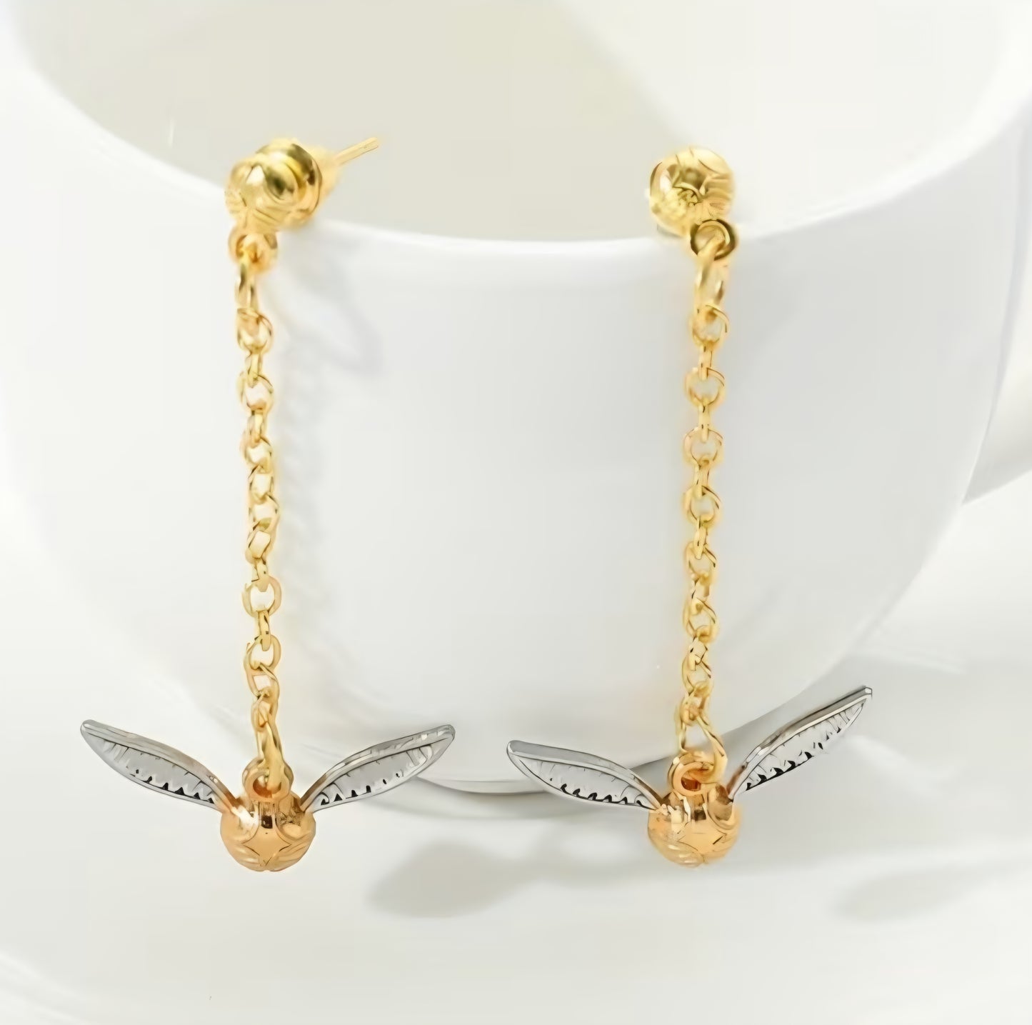 Chain Drop Golden Snitch Harry Potter Quidditch Inspired Gold Plated Fancy Dangle Earrings
