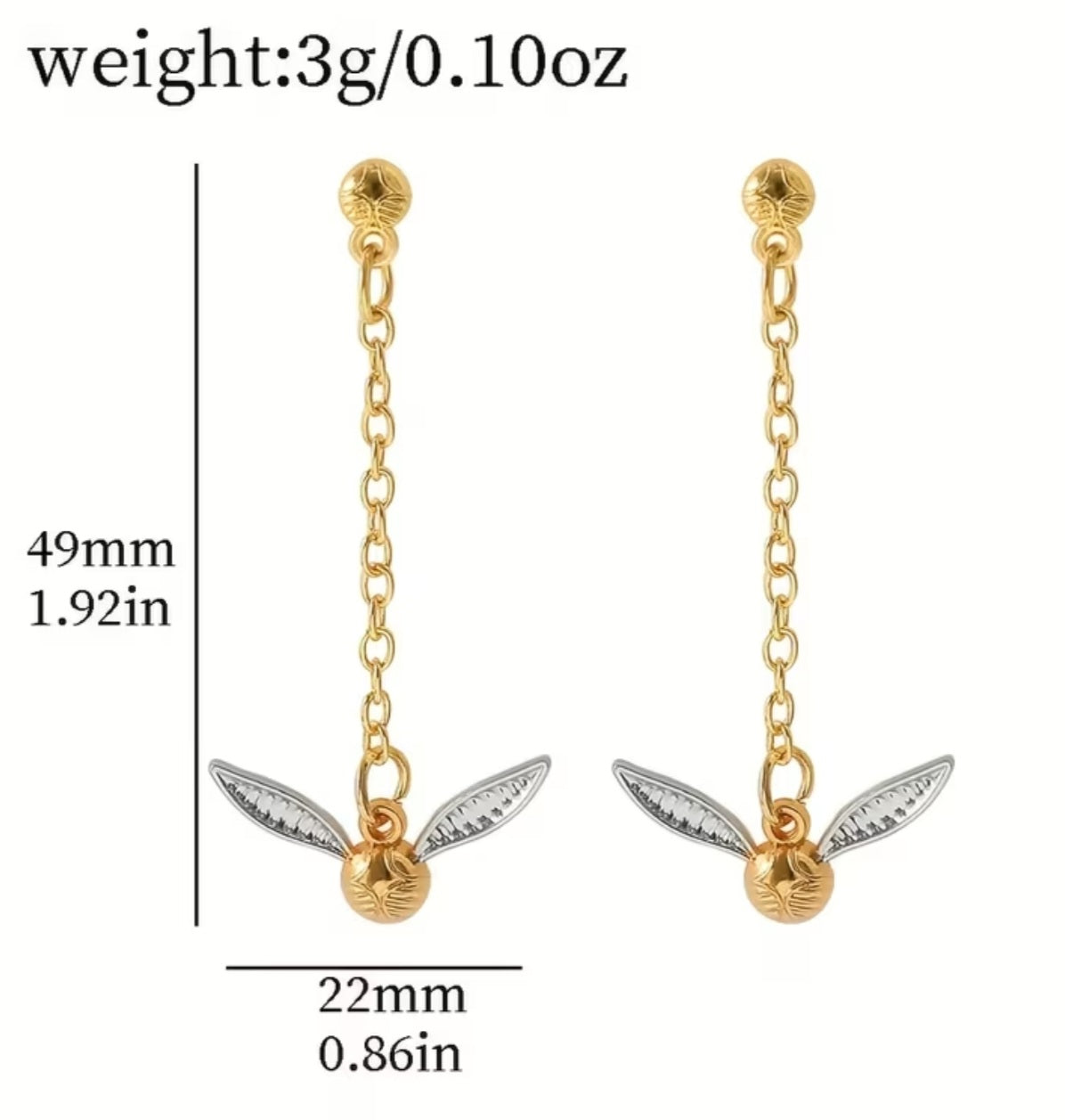 Chain Drop Golden Snitch Harry Potter Quidditch Inspired Gold Plated Fancy Dangle Earrings