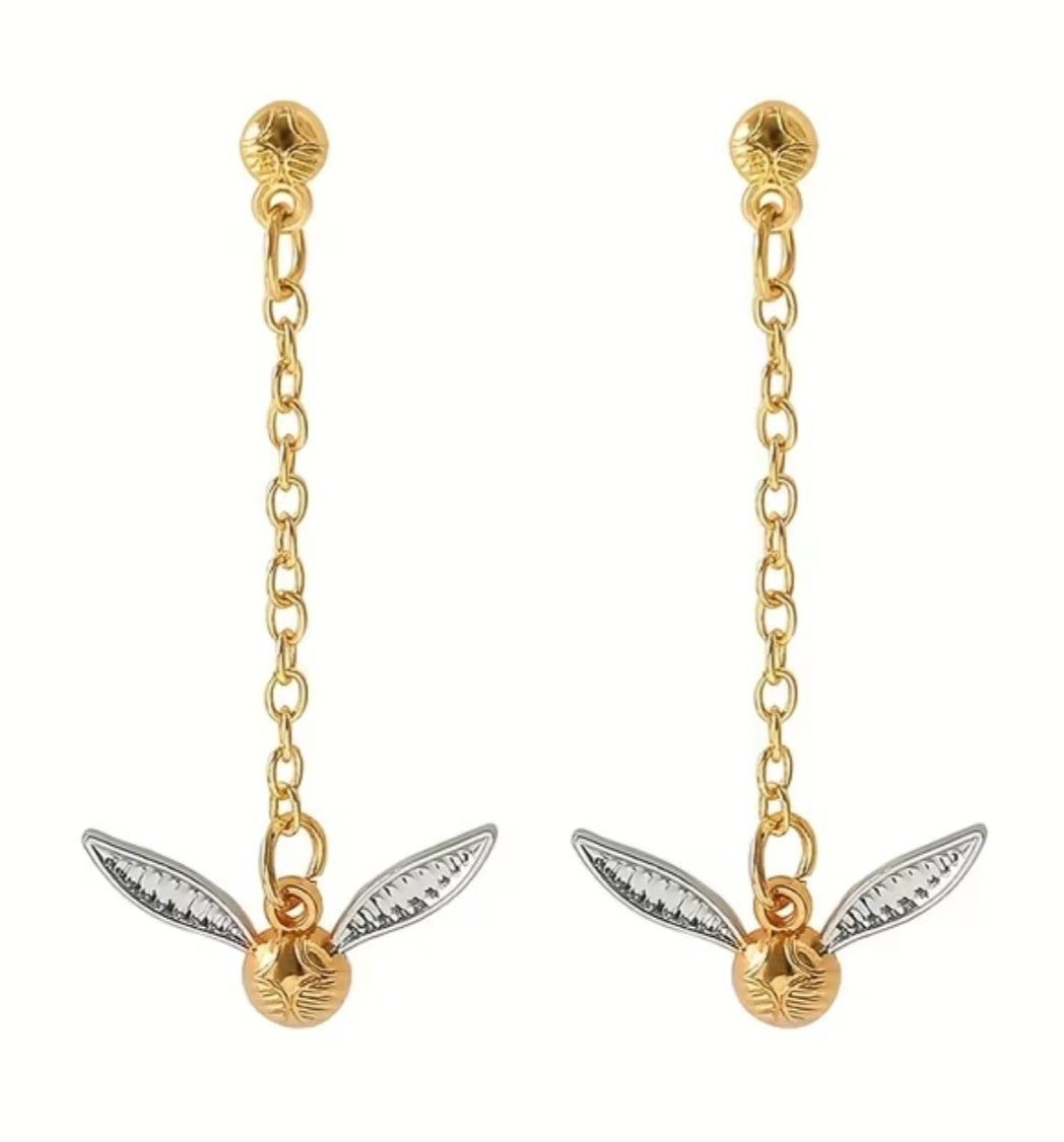 Chain Drop Golden Snitch Harry Potter Quidditch Inspired Gold Plated Fancy Dangle Earrings
