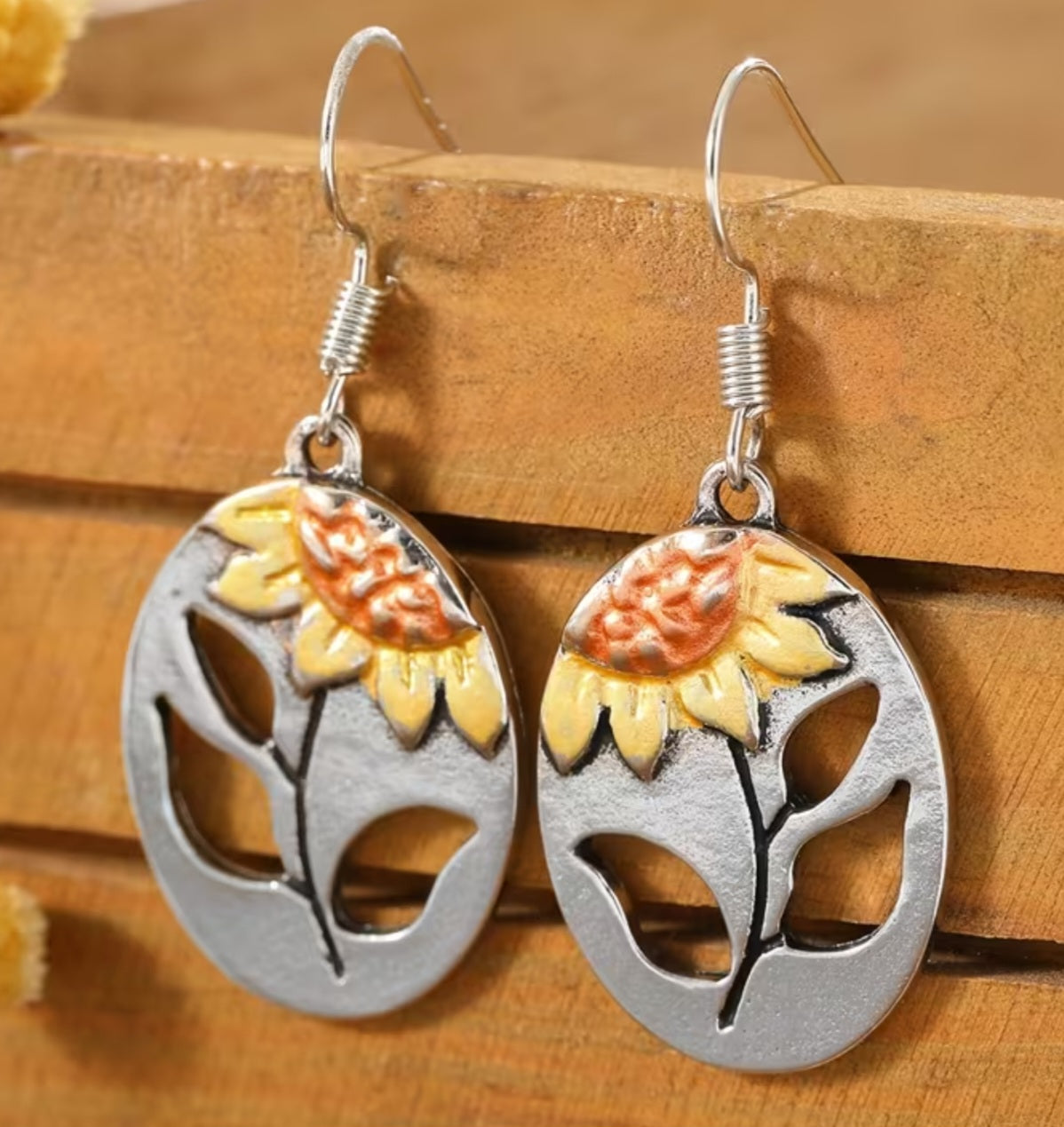 Antique Look Open Cut Floral Sunflower Enamel Painted Metal Drop Dangle Earrings