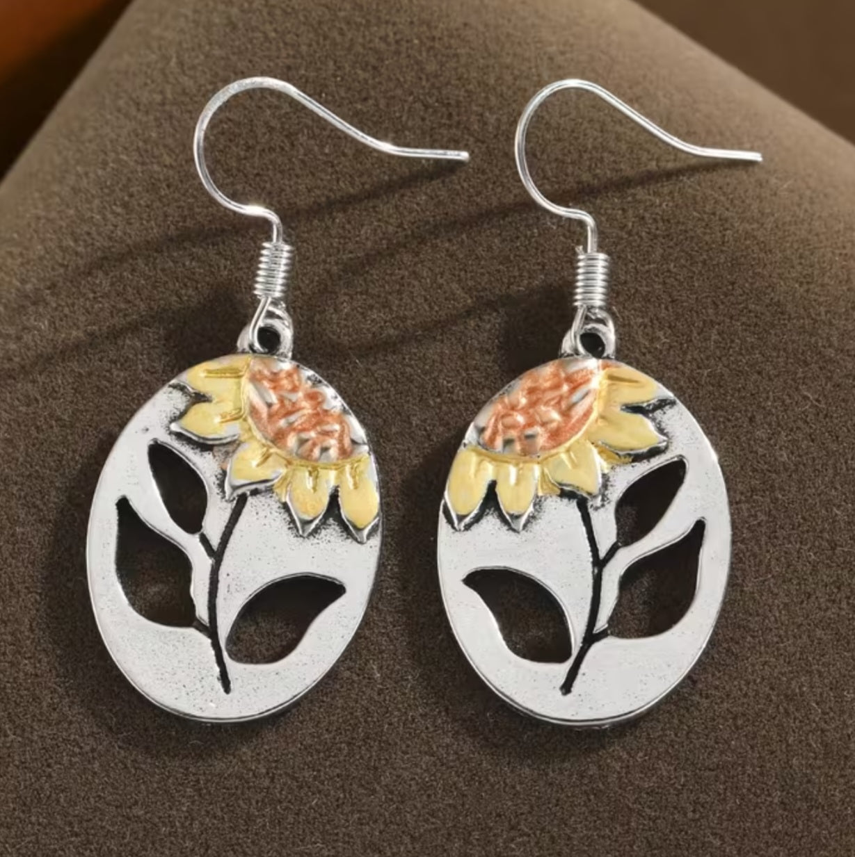 Antique Look Open Cut Floral Sunflower Enamel Painted Metal Drop Dangle Earrings