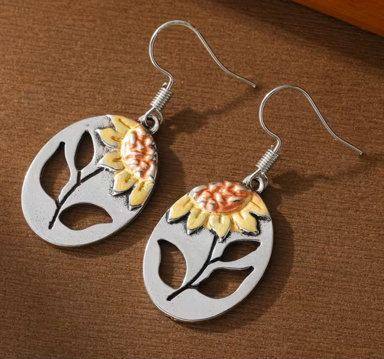 Antique Look Open Cut Floral Sunflower Enamel Painted Metal Drop Dangle Earrings
