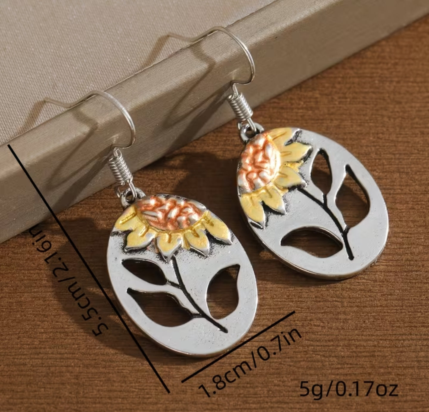 Antique Look Open Cut Floral Sunflower Enamel Painted Metal Drop Dangle Earrings